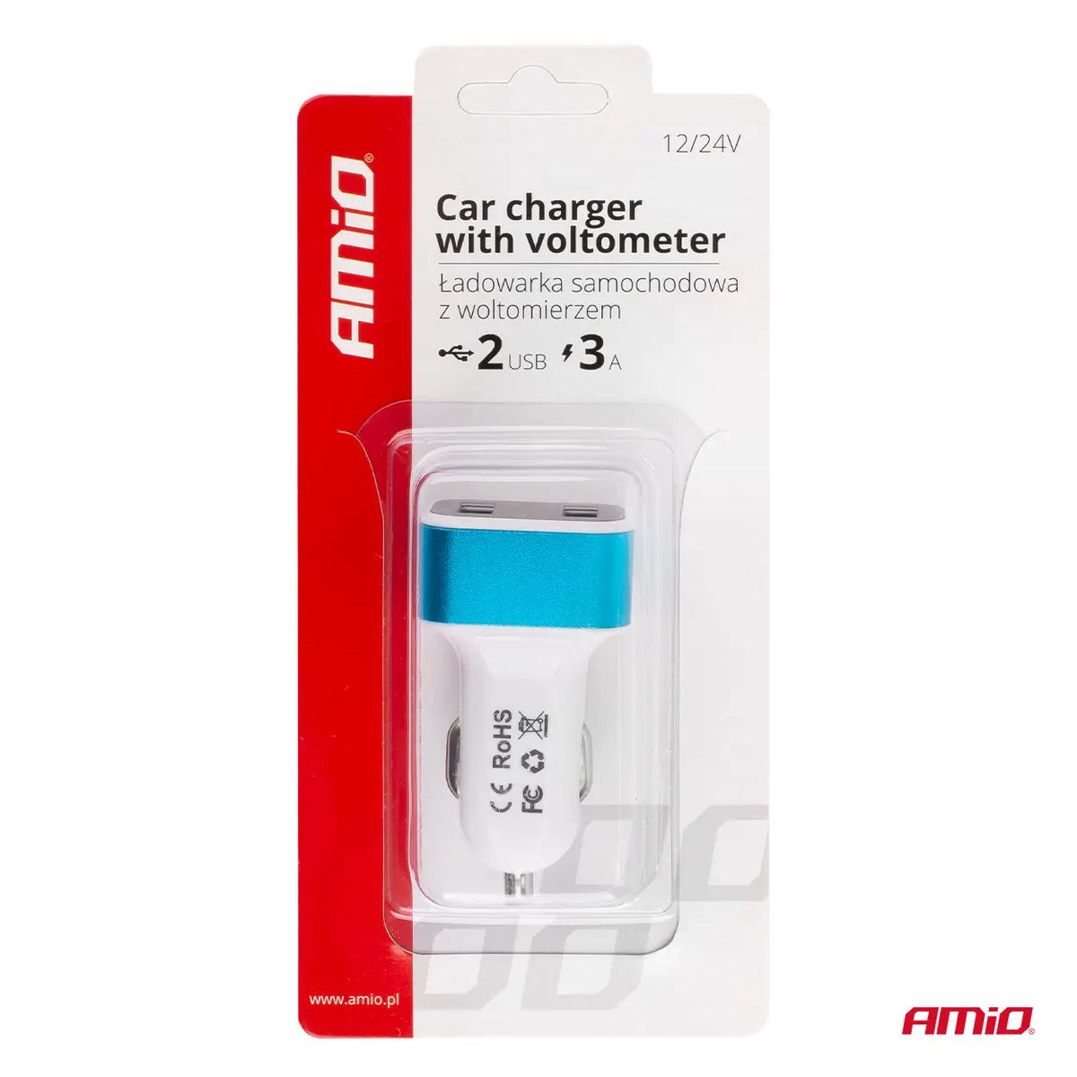 Ładowarka samochodowa 2x USB + woltomierz TEST-04 AMIO-01028 AMiO