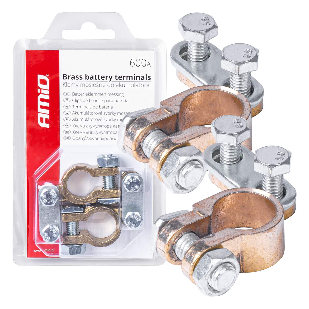 Klemy zaciski akumulatora mosiężne 600A 2 szt. w blistrze AMIO-01161