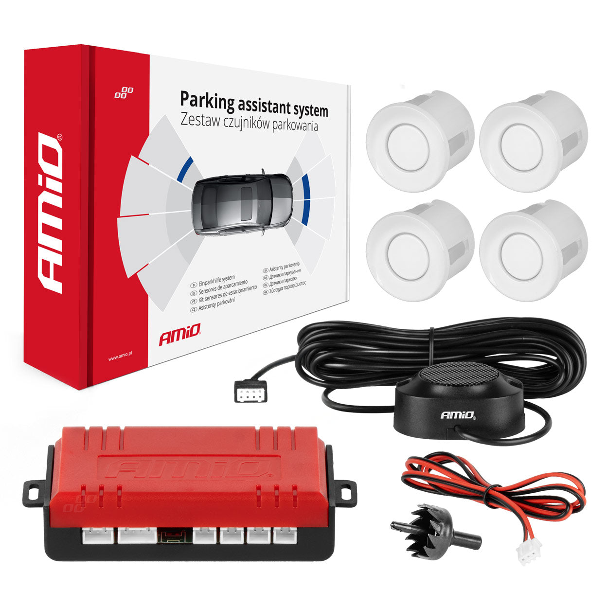 Zestaw czujników parkowania cofania Buzzer 4 sensory białe AMIO-01568
