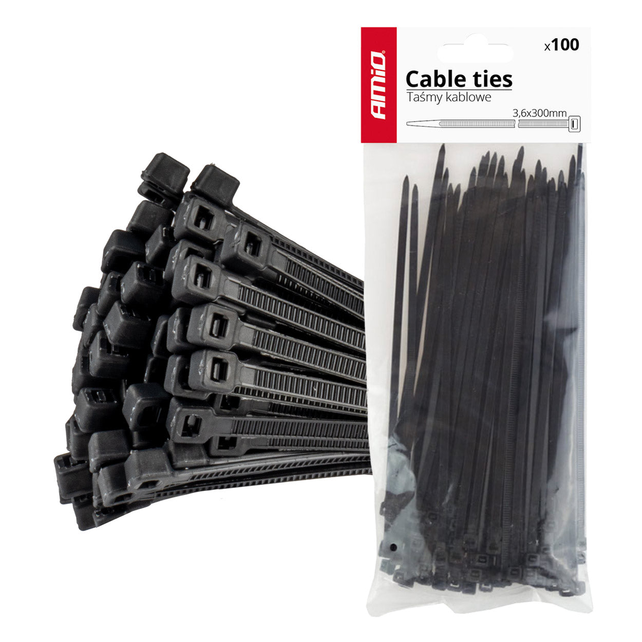 Taśmy opaski zaciskowe kablowe czarne 3,6x300mm - 100 szt. AMIO-02154