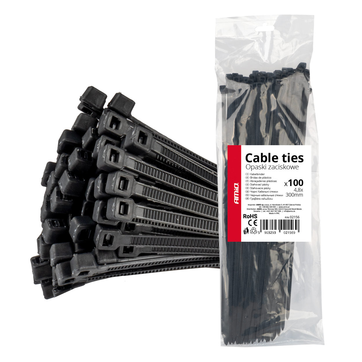 Taśmy opaski zaciskowe kablowe czarne 4,8x300mm - 100 szt. AMIO-02156