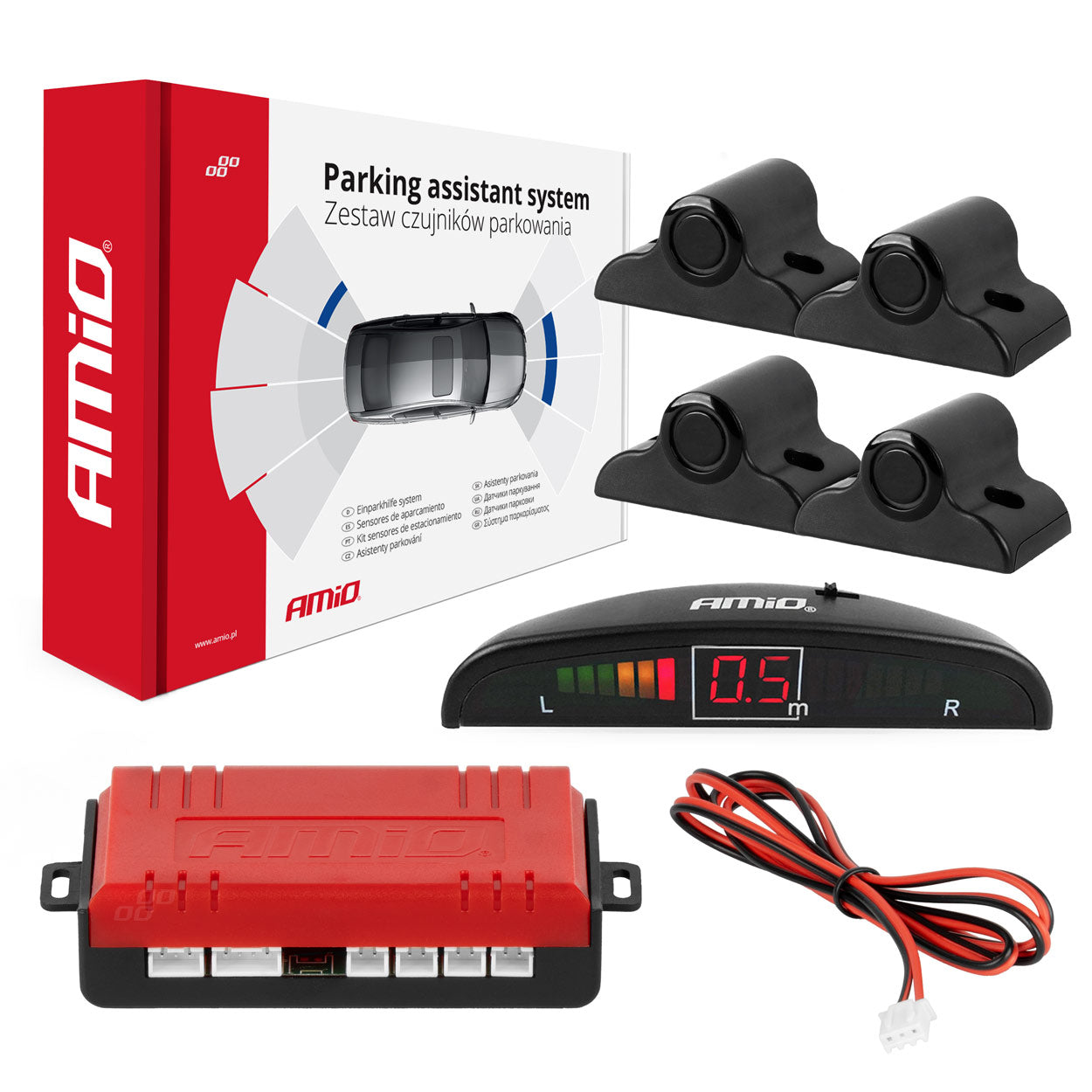 Zestaw czujników parkowania cofania LED 4 sensory czarne 19 mm TRUCK BUS AMIO-02279