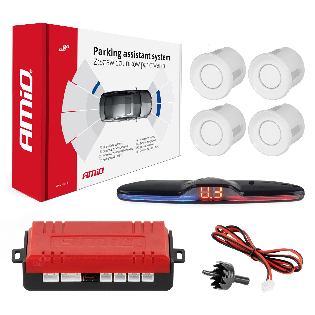 Zestaw czujników parkowania czujniki cofania MAX LED 4 sensory białe AMIO-02289