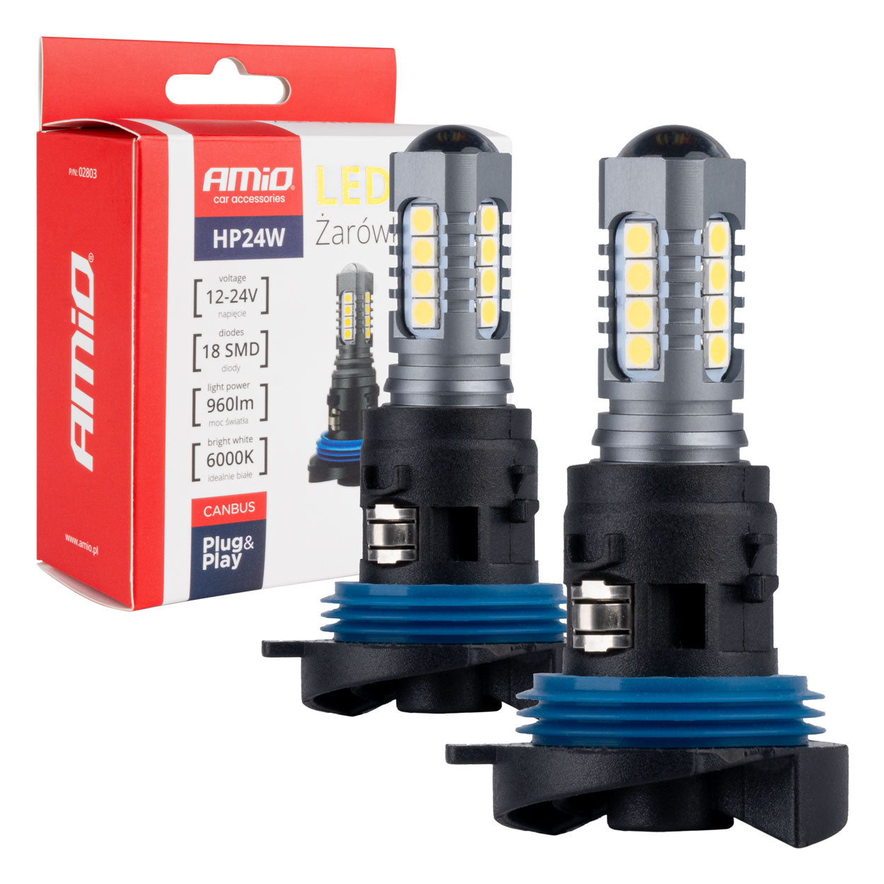 Żarówki LED CANBUS 3030 18SMD HP24W White 12V 24V AMIO-02803