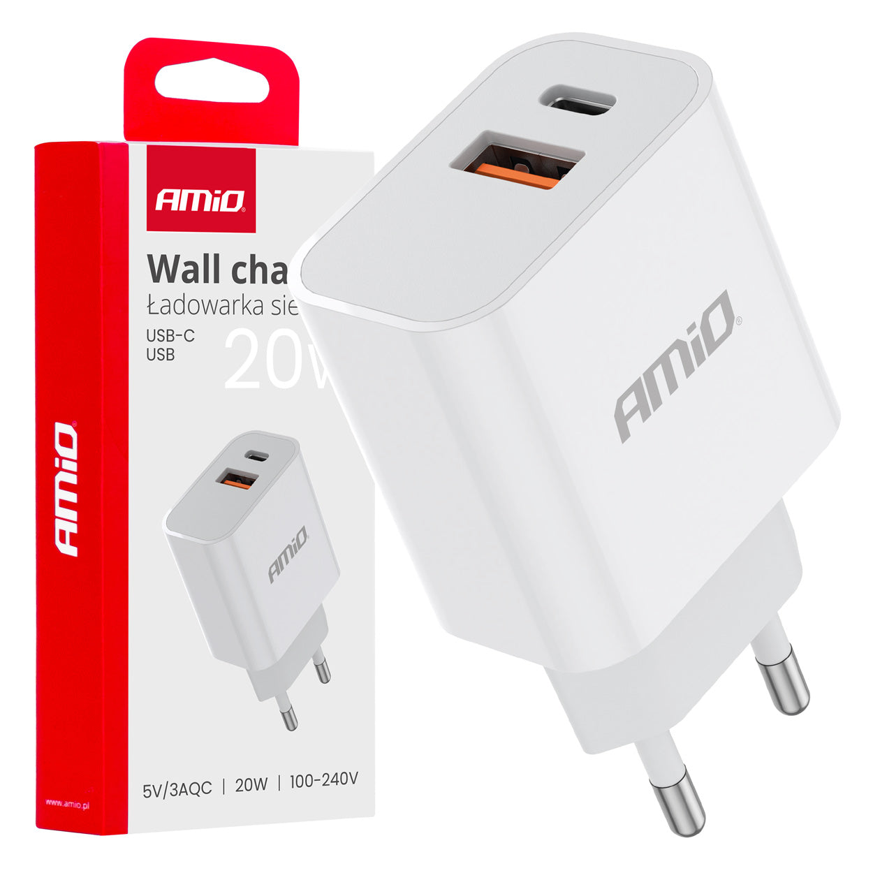 Ładowarka sieciowa PRO-09 USB + USB-C 20W Quick Charge 230V AMIO-02935