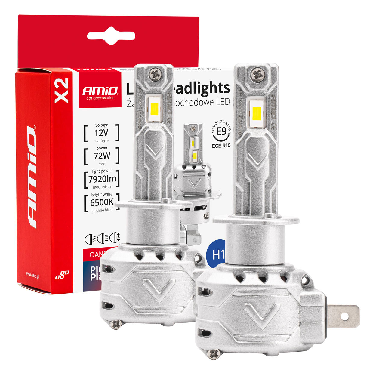 Żarówki samochodowe LED seria X2 H1 6500K Canbus AMIO-02970