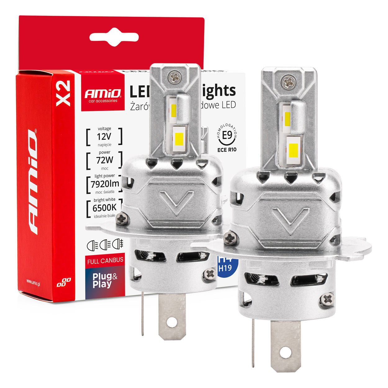 Żarówki samochodowe LED seria X2 H4/H19 6500K Canbus AMIO-02972