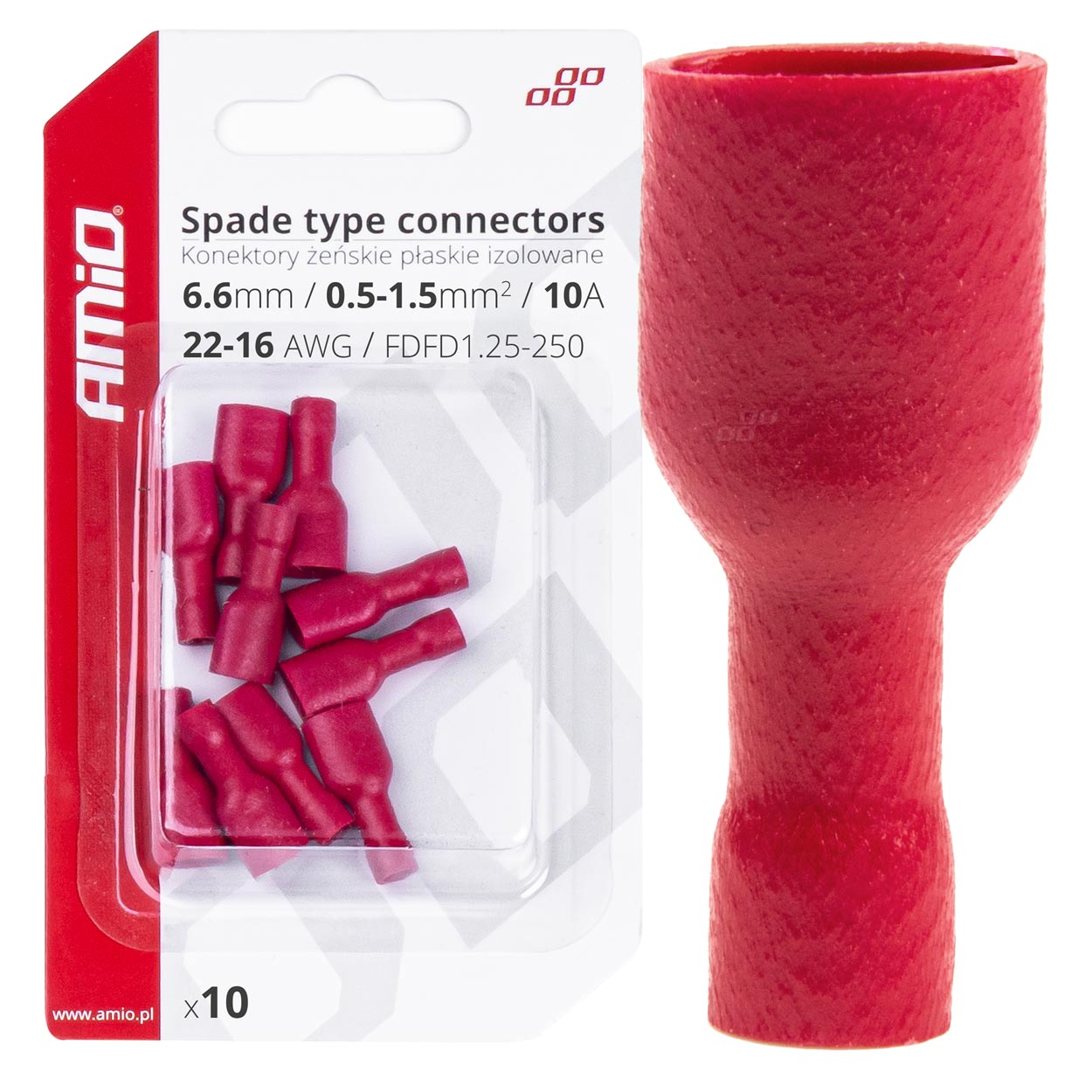 Konektory izolowane żeńskie płaskie 6.6mm 0.5-1.5mm2 10A 10 szt. AMIO-03063