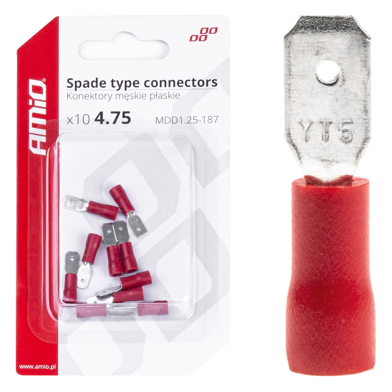 Konektory izolowane męskie płaskie  4.75mm 0.5-1.5mm2 10A 10 szt. AMIO-03065