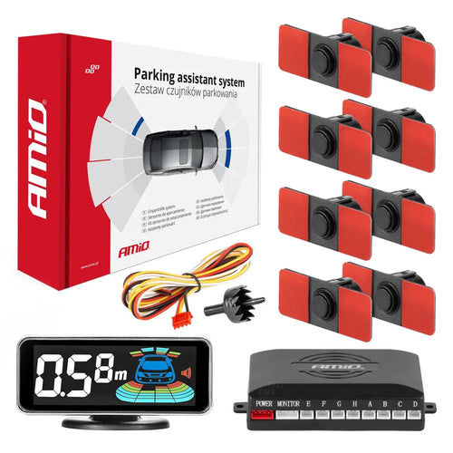 Czujniki parkowania cofania czarne wewnętrzne 16,5mm 8szt LED 3D AMIO-03196 AMiO