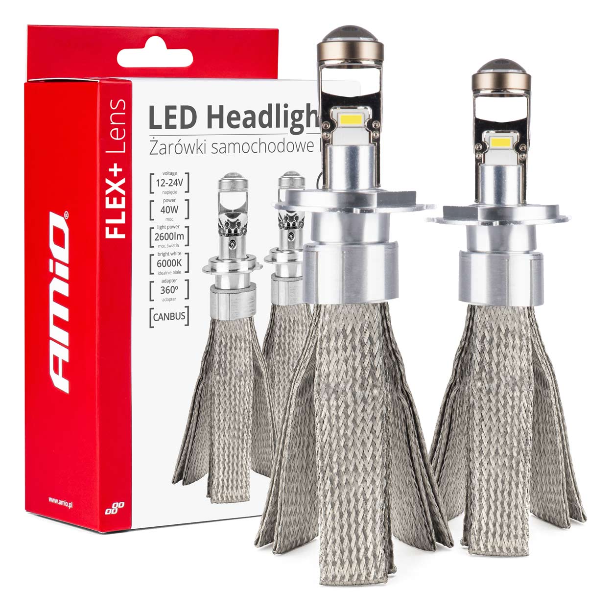 Żarówki samochodowe LED seria FLEX+ H4 soczewka 12V 24V 6000K Canbus AMIO-03658