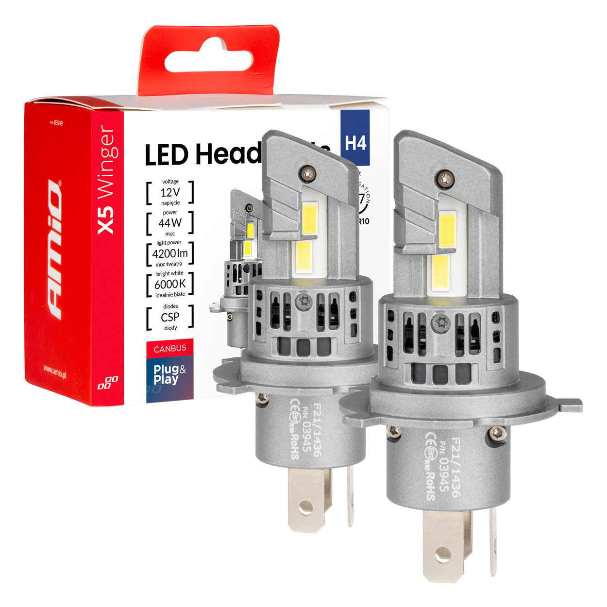 Żarówki samochodowe LED seria X5 Winger H4 6000K Canbus AMIO-03945