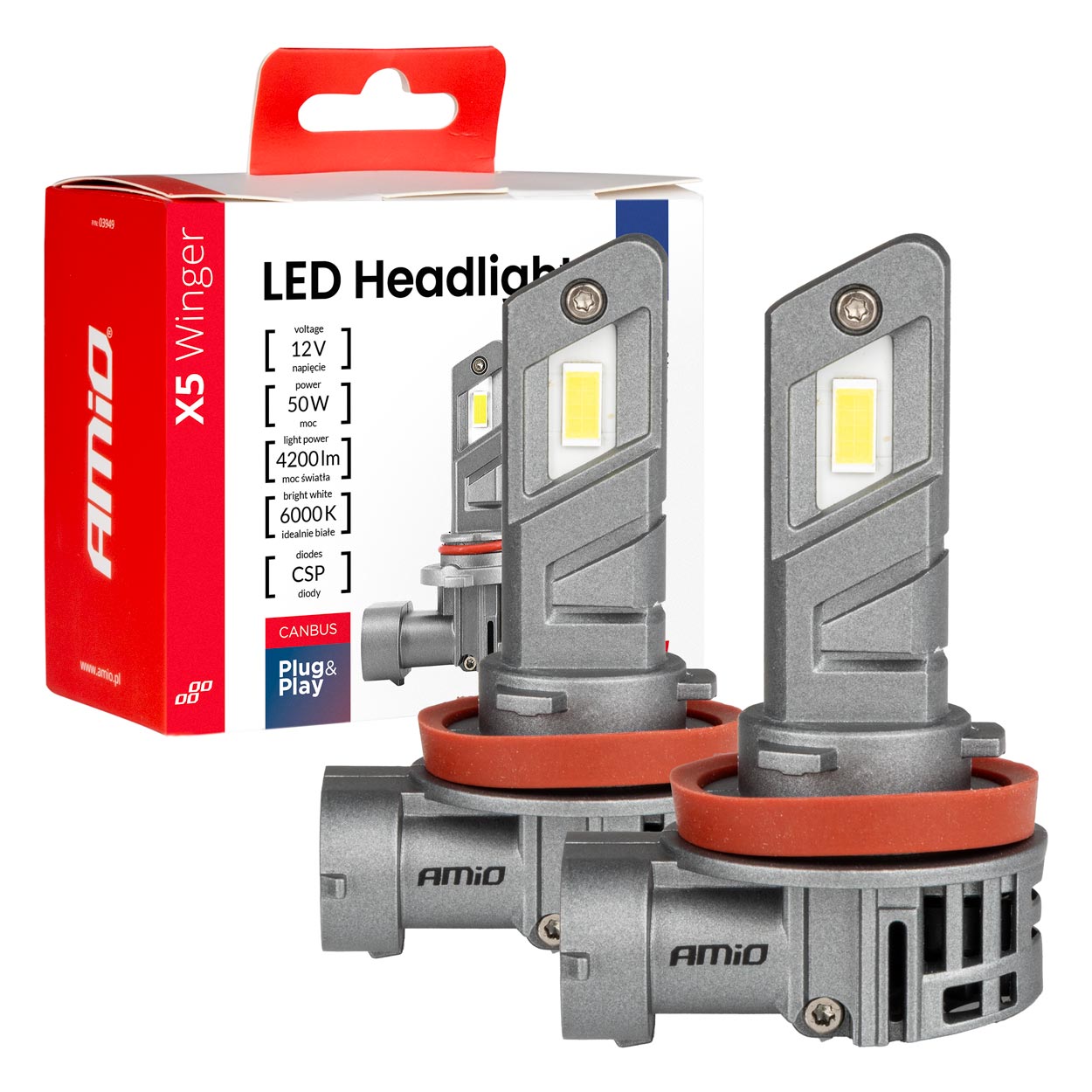 Żarówki samochodowe LED seria X5 Winger H8 H9 H11 6000K Canbus AMIO-03947