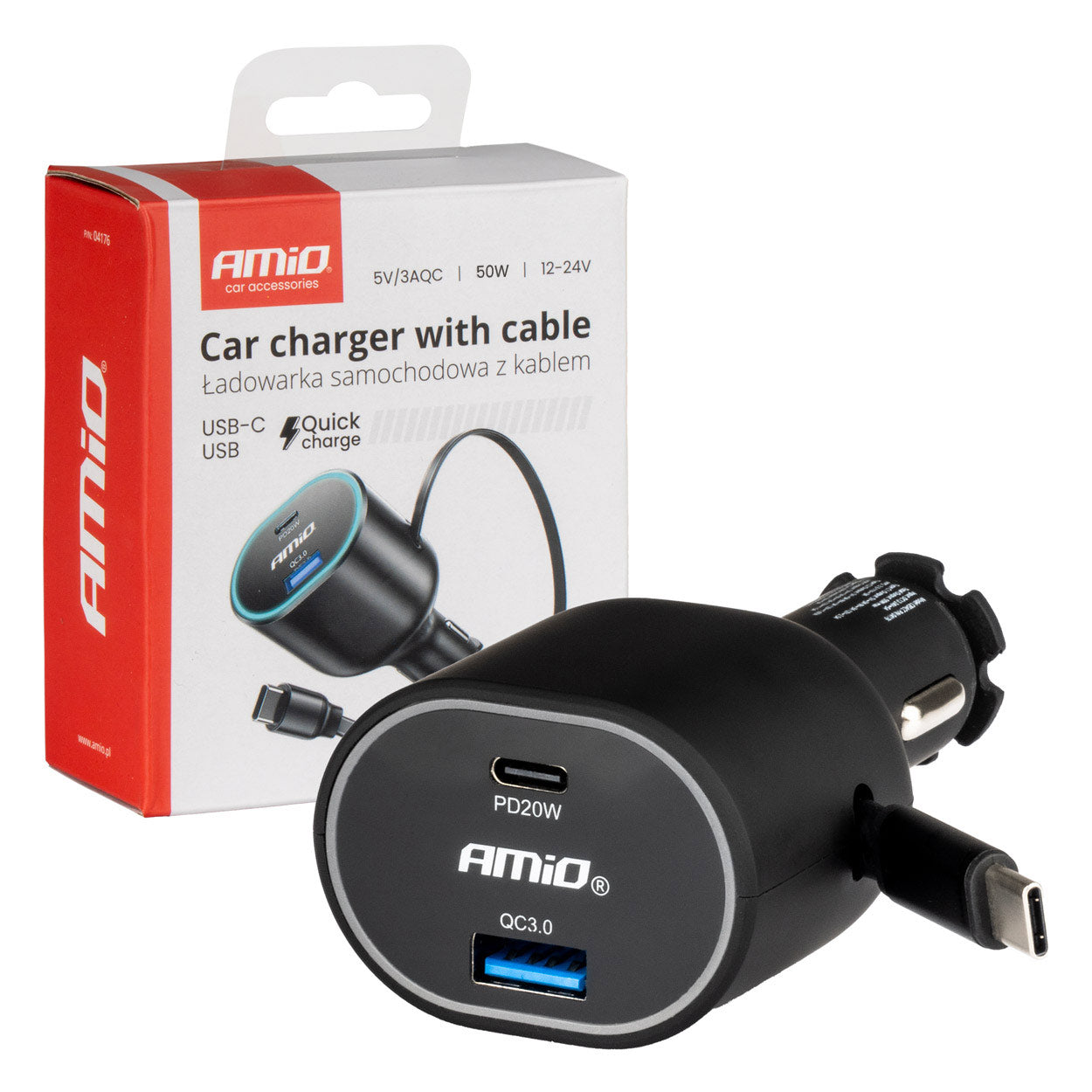 Szybka ładowarka samochodowa ze zwijanym kablem 50W PD30W PD20W + QC3.0 USB-A USB-C AMIO-04176