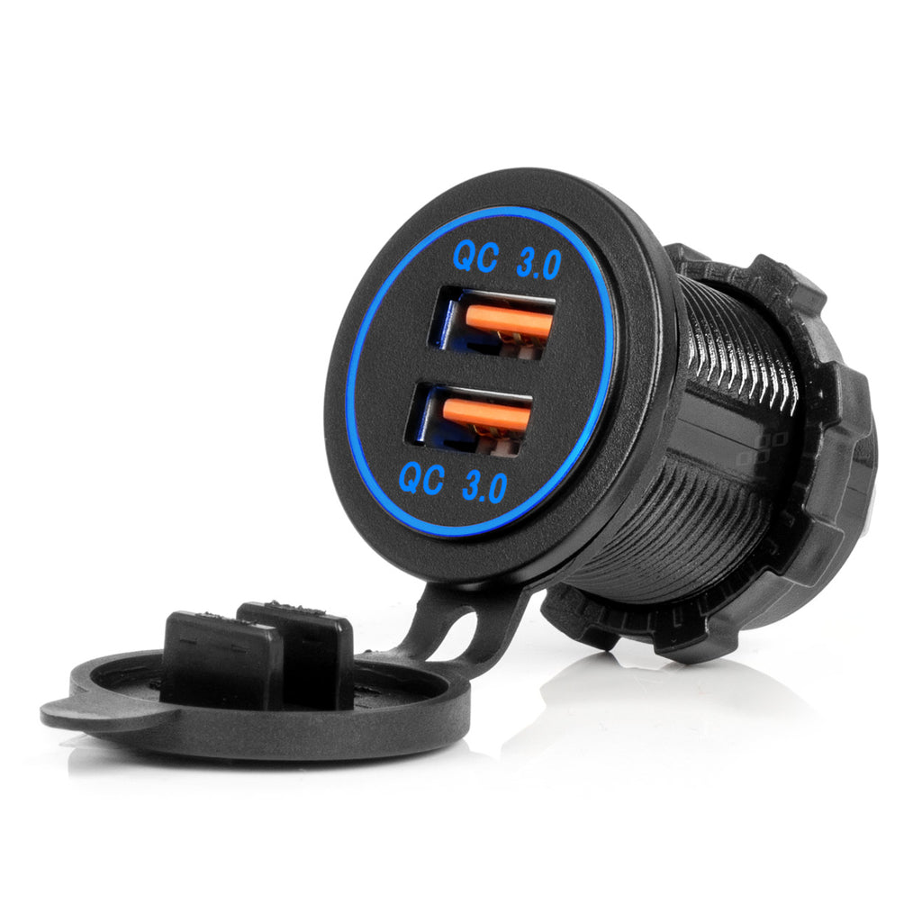 Ładowarka samochodowa z gniazdami USB wodoodporna 2xUSB QC3.0 12V 24V AMIO-04218
