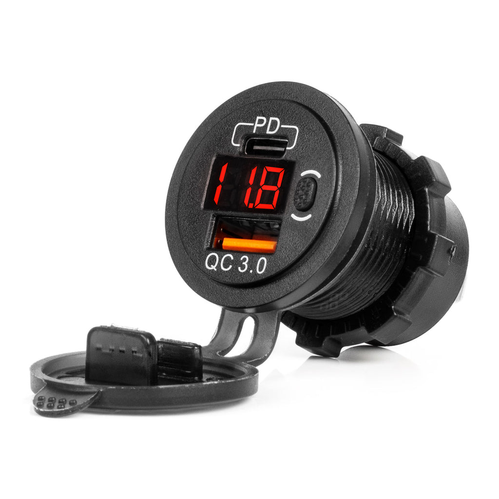 Ładowarka samochodowa z gniazdami USB i testerem napięcia wodoodporna z włącznikiem USB + USB C QC3.0 12/24V AMIO-04222