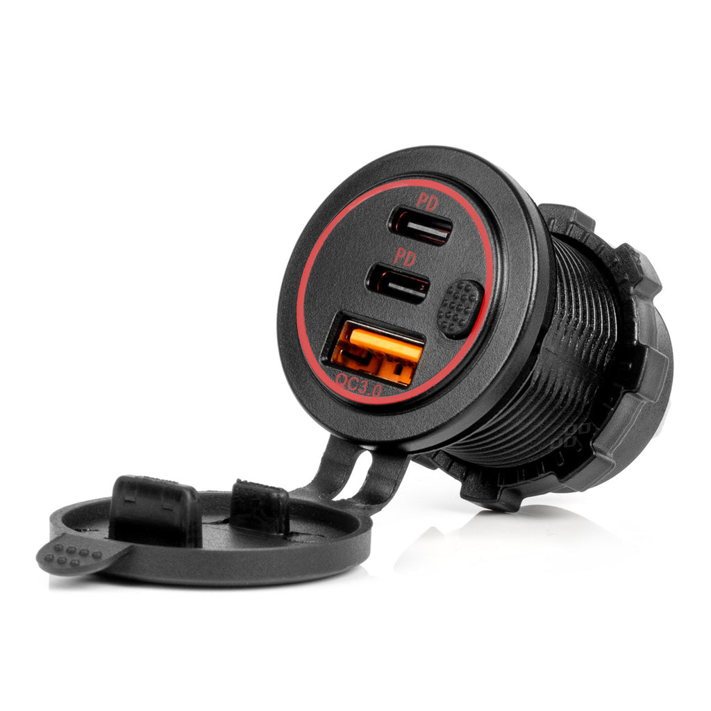 Ładowarka samochodowa z gniazdami USB wodoodporna z włącznikiem USB + 2x USB-C QC3.0 12V 24V AMIO-04227