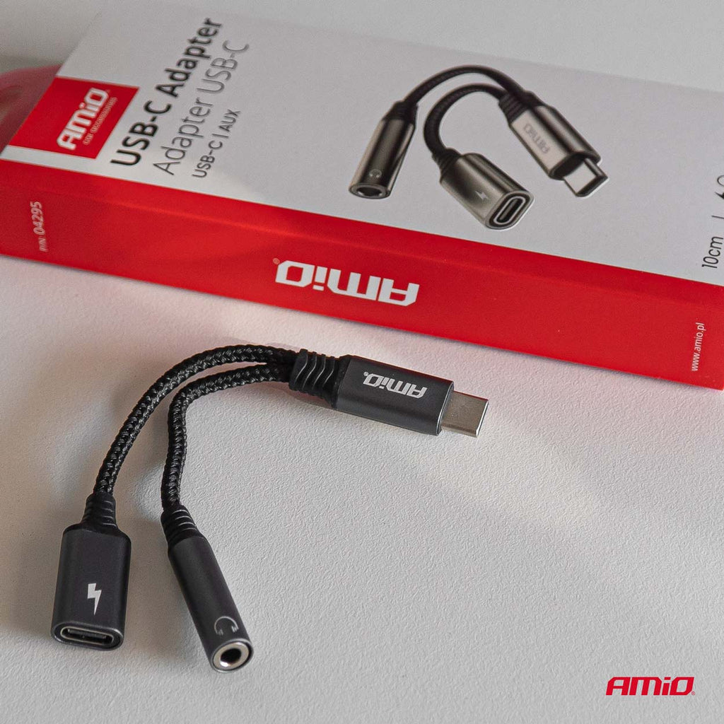 Adapter rozgałęźnik USB-C na  USB-C + Mini Jack 3.5mm 10cm AMIO-04295