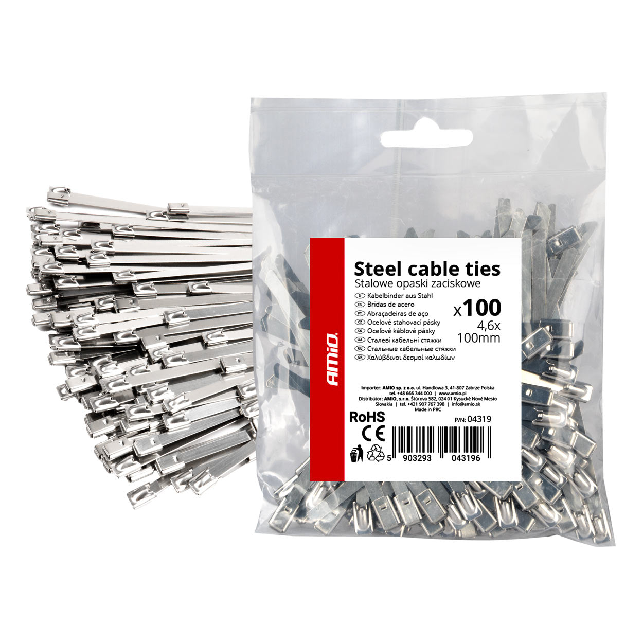 Opaski zaciskowe metalowe ze stali nierdzewnej 4.6x100mm 100 szt. AMIO-04319