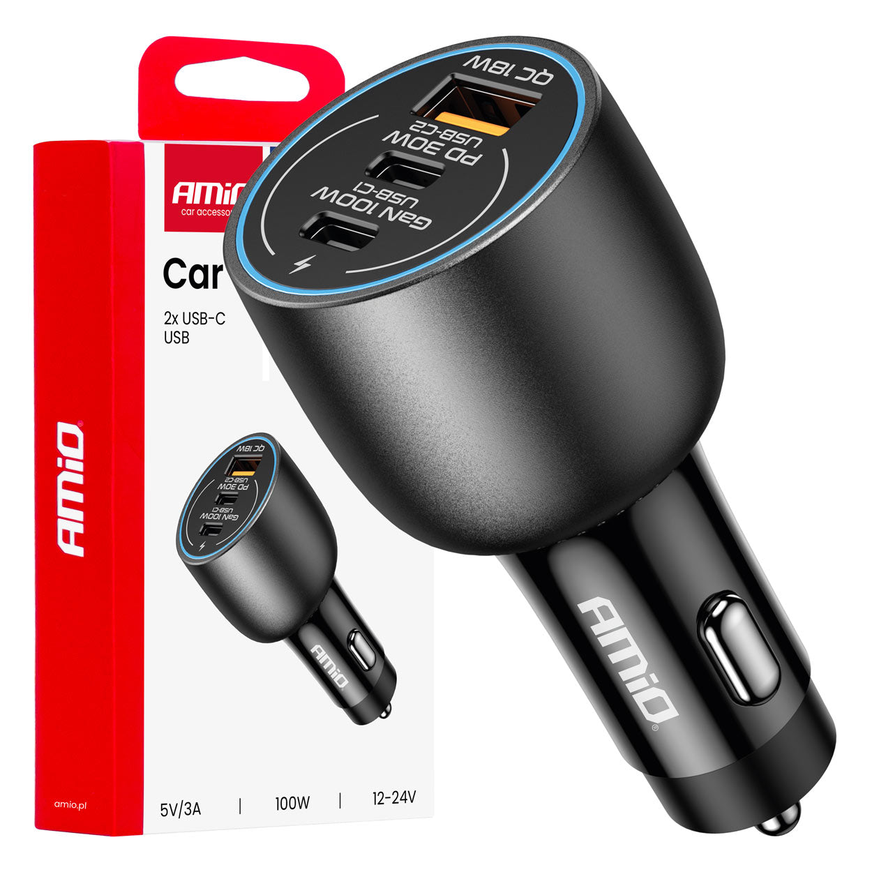 Ładowarka samochodowa 2x USB-C + USB-A 12V 24V 100W AMIO-04371