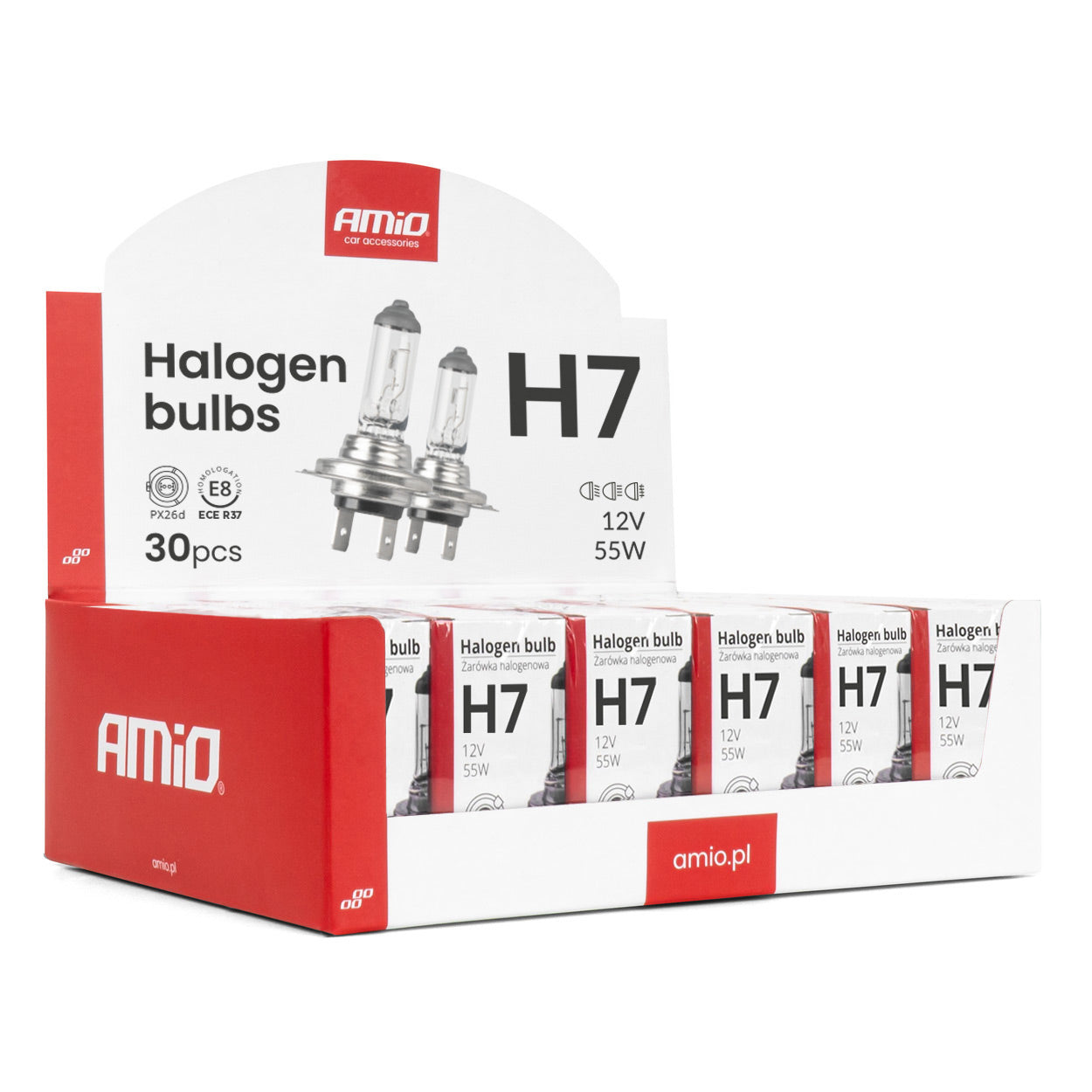Zestaw żarówek halogenowych H7 12V 55W UV filtr 30szt. AMIO-04399
