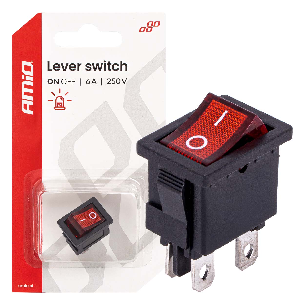 Włącznik kołyskowy z czerwonym podświetleniem 6A 250V AMIO-04439