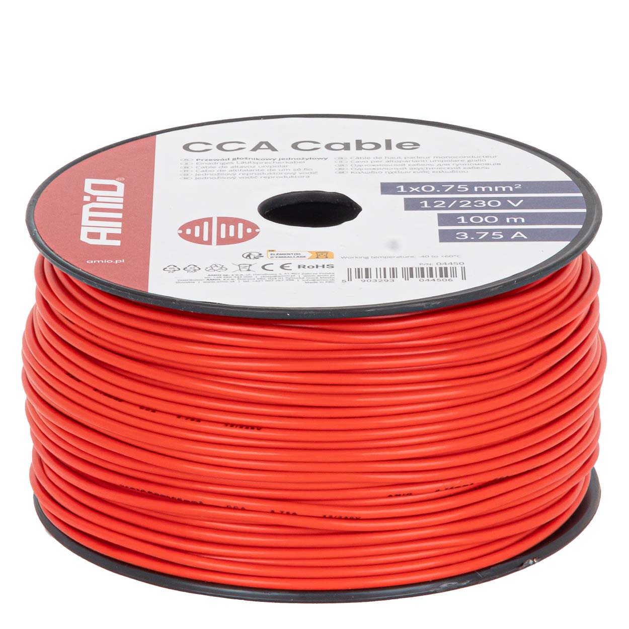 Przewód jednożyłowy czerwony CCA 1x0.75mm2 100m 3.75A 12/230V AMIO-04450