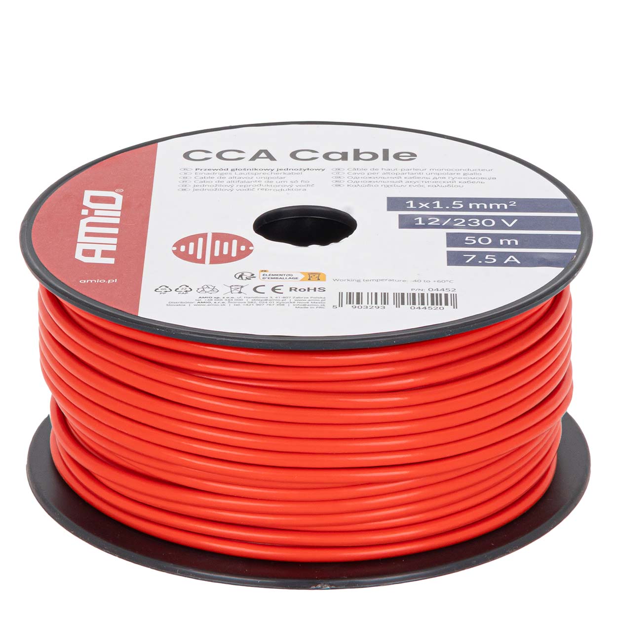 Przewód jednożyłowy czerwony CCA 1x1.5mm2 50m 7.5A 12/230V AMIO-04452