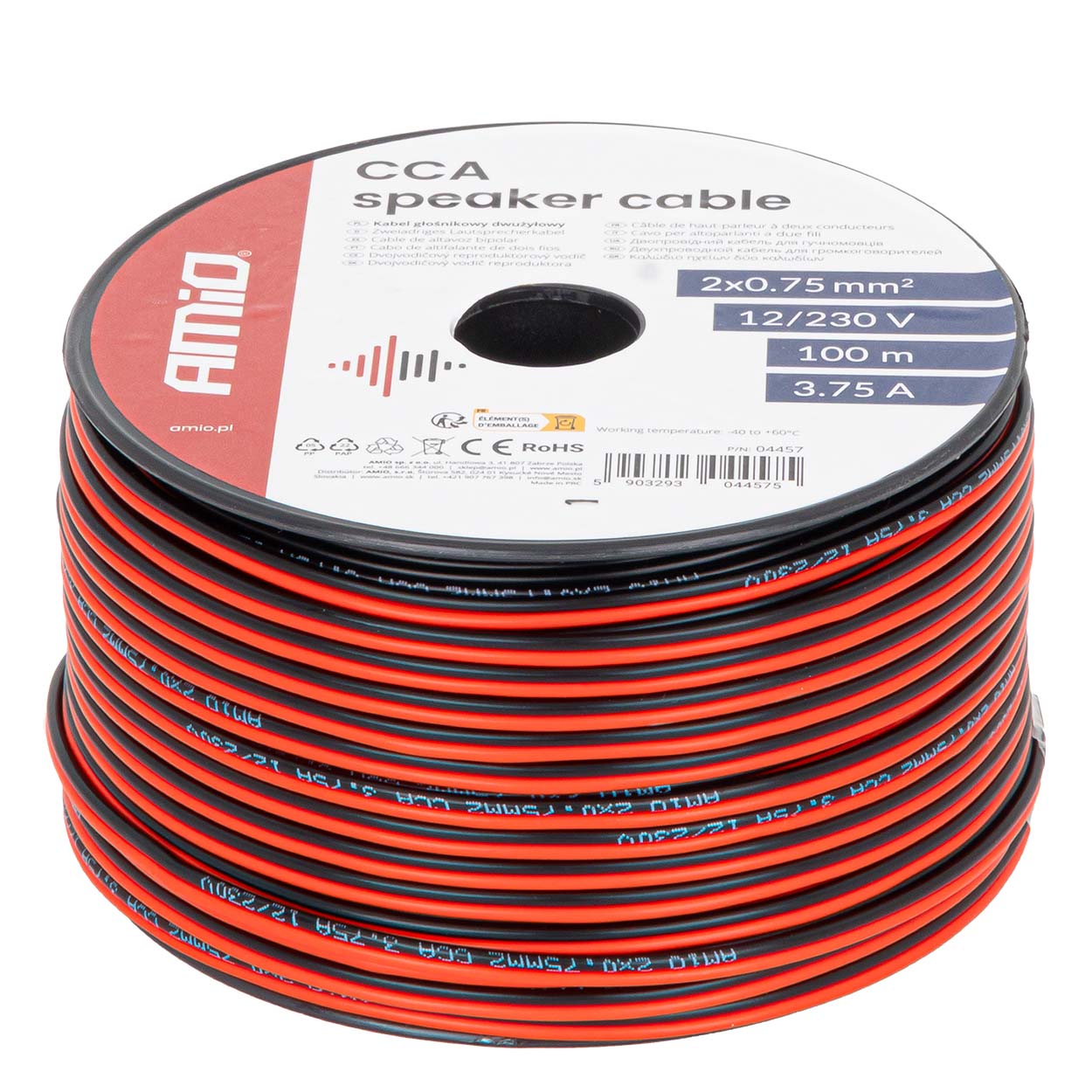 Kabel głośnikowy dwużyłowy CCA 2x0.75mm2 100m 3.75A AMIO-04457