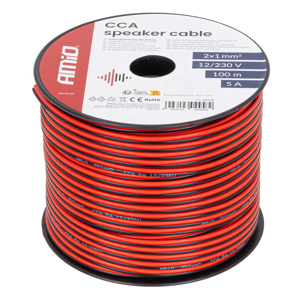 Kabel głośnikowy dwużyłowy CCA 2x1mm2 100m 5A AMIO-04458