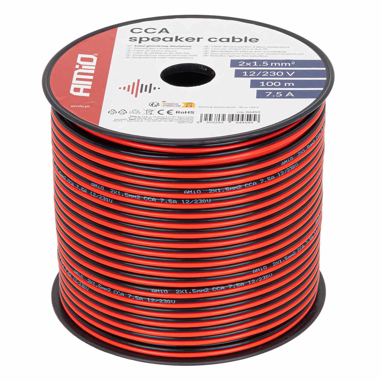 Kabel głośnikowy dwużyłowy CCA 2x1.5mm2 100m 7.5A AMIO-04459