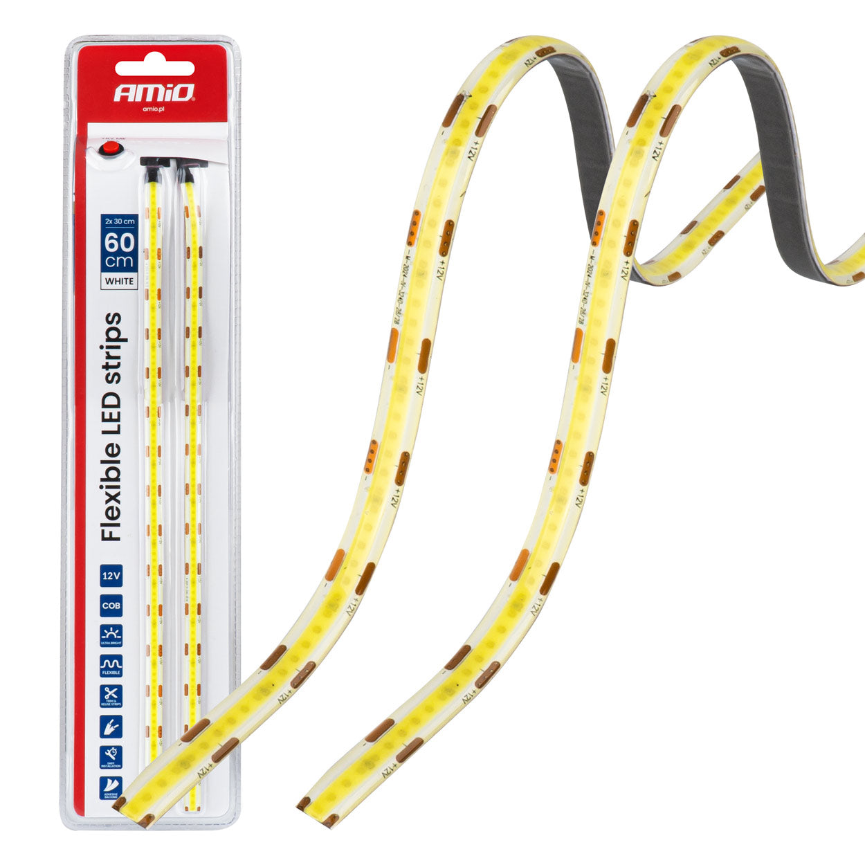 Paski LED COB do samochodu białe 2x30cm 12V AMIO-04569