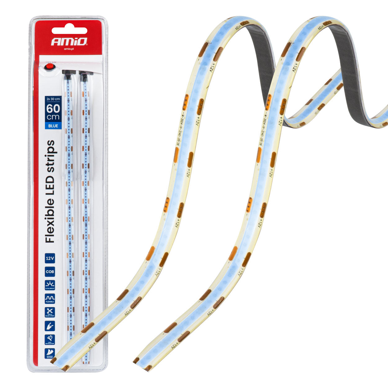Paski LED COB do samochodu niebieskie 2x30cm 12V AMIO-04571