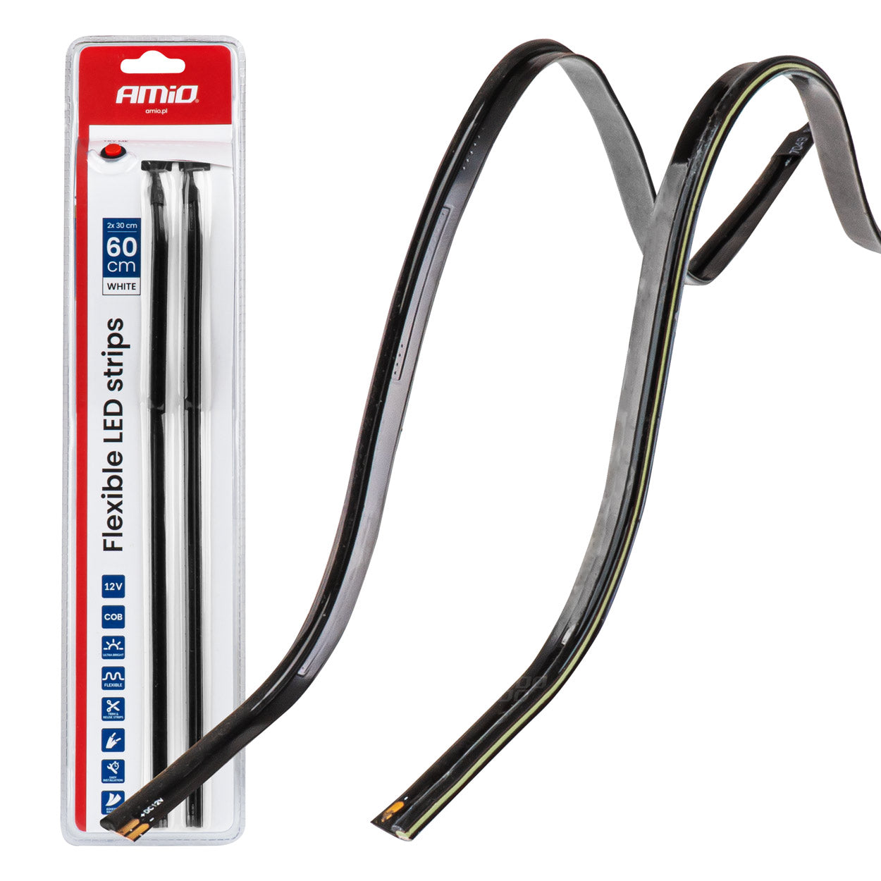 Paski LED COB do samochodu boczne białe 2x30cm 12V AMIO-04575