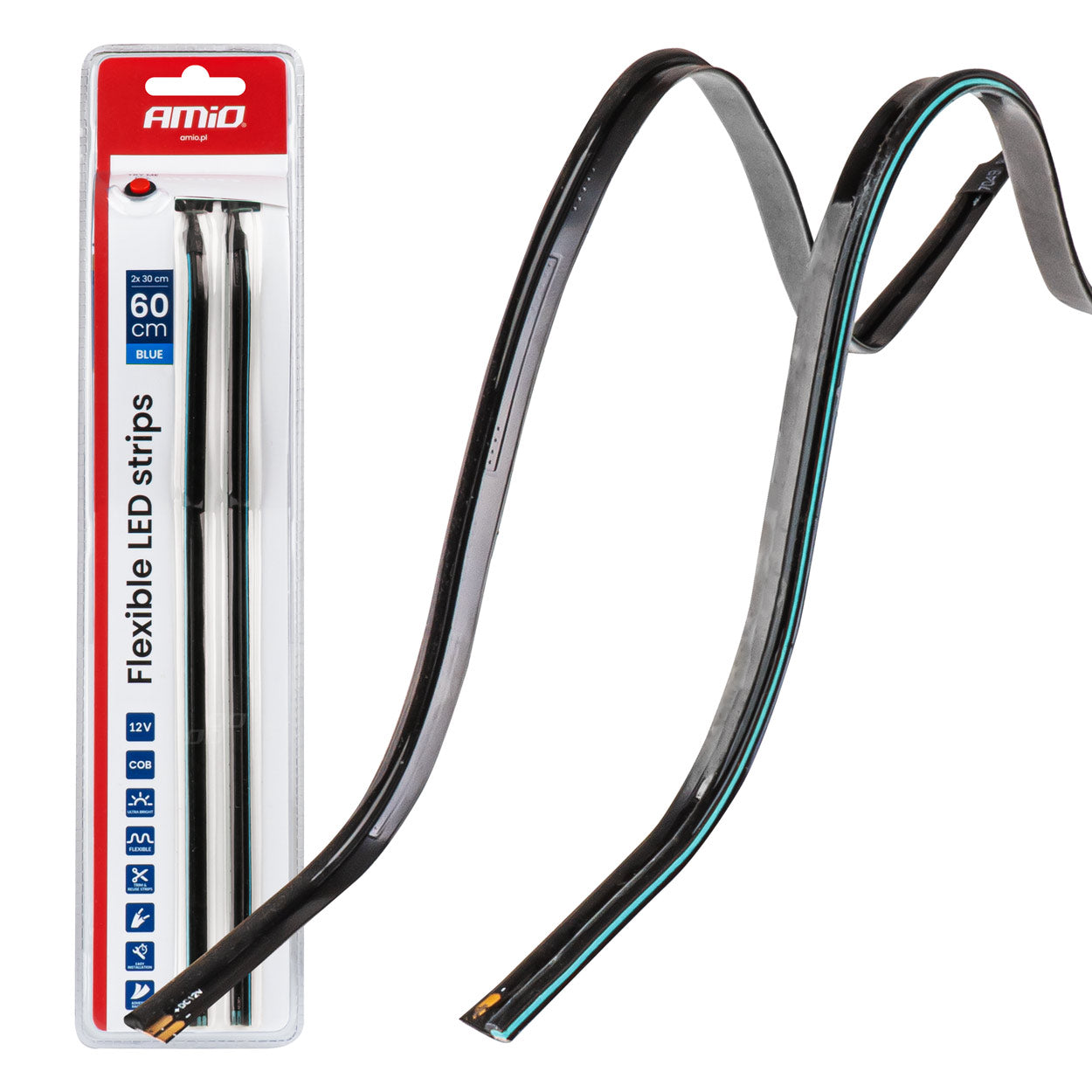 Paski LED COB do samochodu boczne niebieskie 2x30cm 12V AMIO-04578