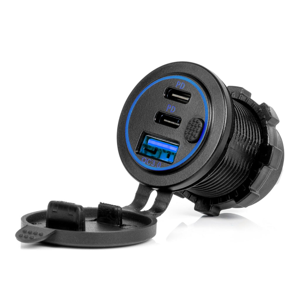 Ładowarka samochodowa z gniazdami USB wodoodporna z włącznikiem USB + 2x USB-C QC3.0 12V 24V AMIO-04596