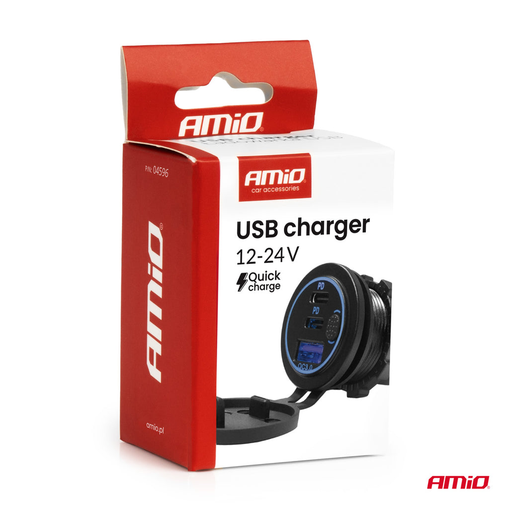 Ładowarka samochodowa z gniazdami USB wodoodporna z włącznikiem USB + 2x USB-C QC3.0 12V 24V AMIO-04596