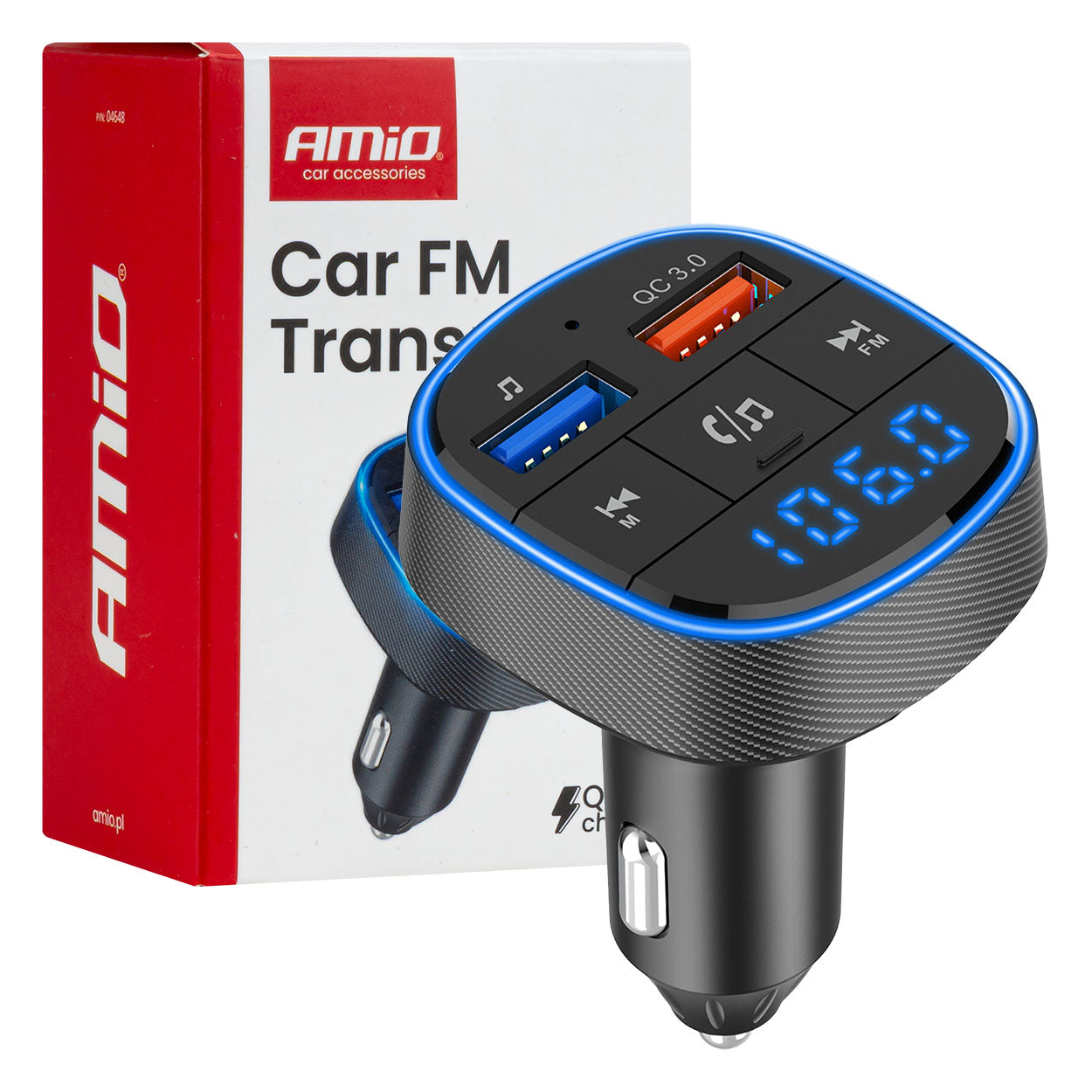 Transmiter samochodowy FM 2×USB-A 12V 24V AMIO-04648