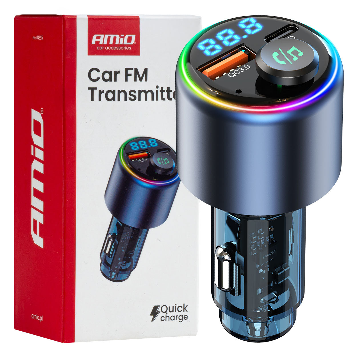 Transmiter samochodowy FM 1×USB-A 1×USB-C 12V 24V AMIO-04655