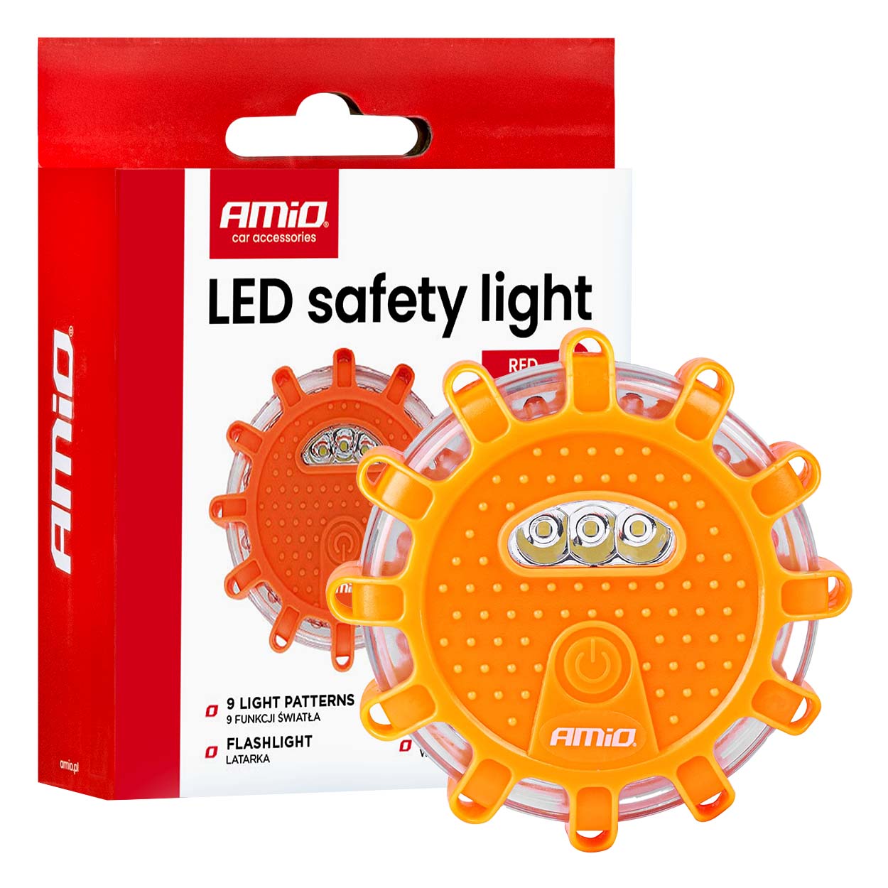 Samochodowa lampa awaryjna akumulatorowa z funkcją latarki LED 12SMD+3SMD 650mAh (BATT) światło czerwone AMIO-04673