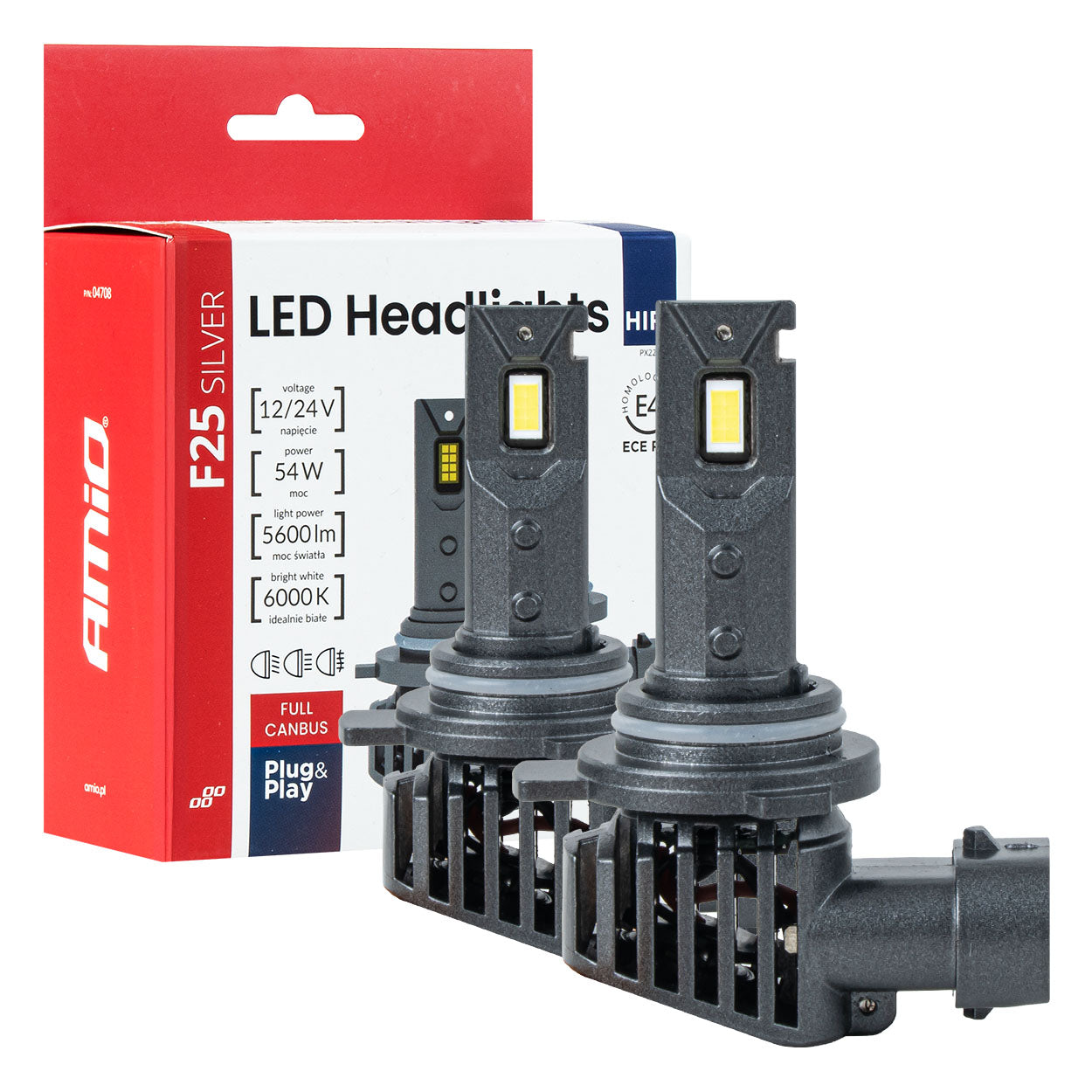 Żarówki samochodowe LED F25 SILVER FULL CANBUS 54W HIR2 9012 12V 24V AMIO-04708