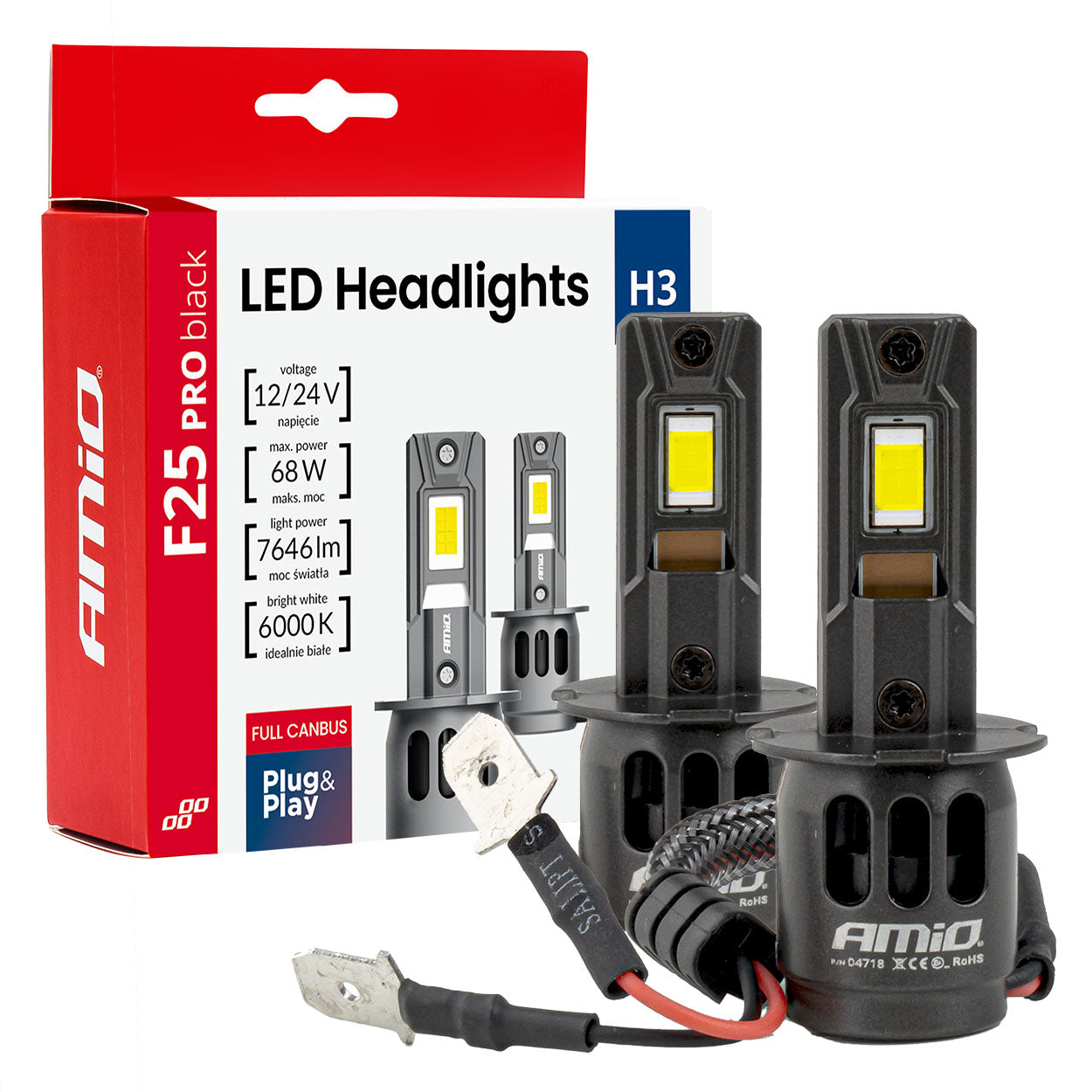 Żarówki samochodowe LED seria F25 PRO BLACK FULL CANBUS H3 68W 12V 24V AMIO-04718