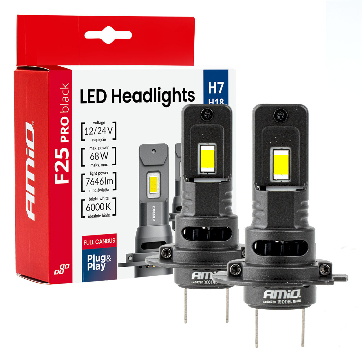 Żarówki samochodowe LED seria F25 PRO BLACK FULL CANBUS H7 68W 12V 24V AMIO-04720