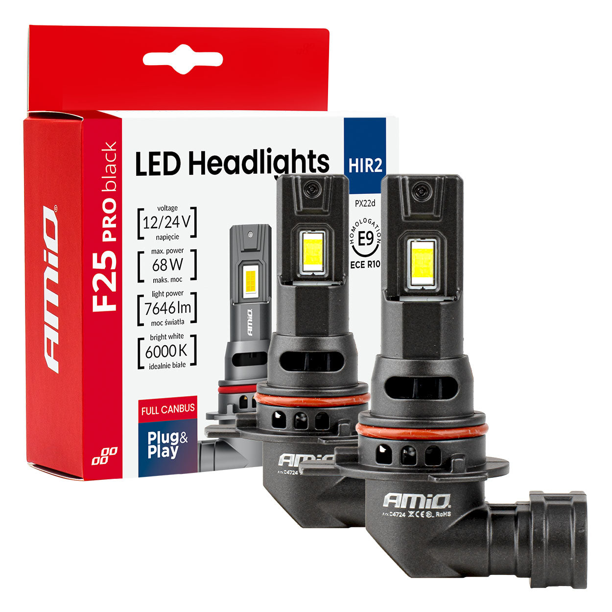 Żarówki samochodowe LED seria F25 PRO BLACK FULL CANBUS HIR2 68W 12V 24V AMIO-04724