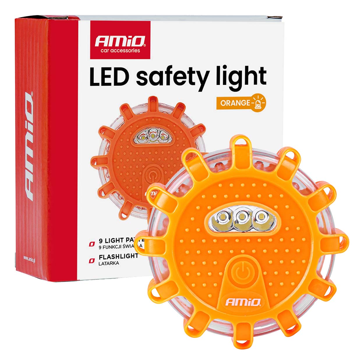 Samochodowa lampa awaryjna akumulatorowa z funkcją latarki 12SMD+3SMD 650mAh (BATT) światło pomarańczowe AMIO-04829