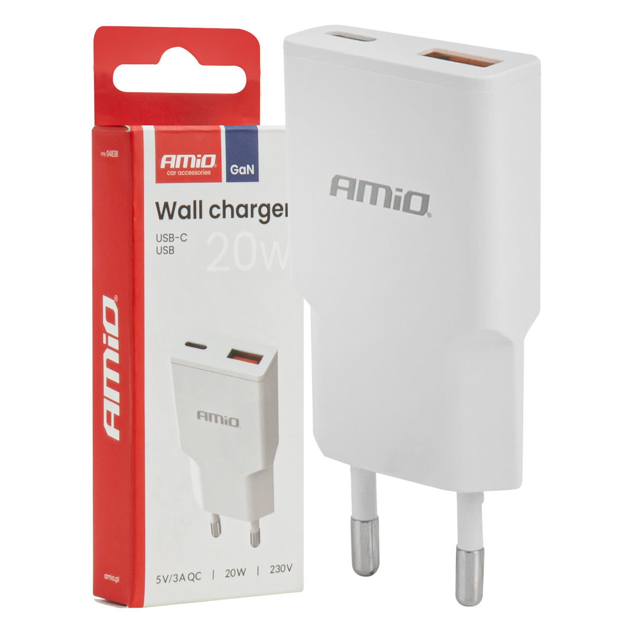 Ładowarka sieciowa 230V 20W GaN USB-C USB-A AMIO-04838
