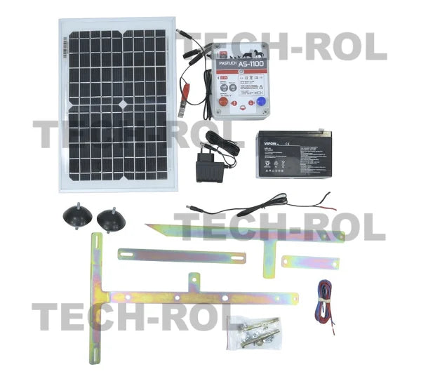 Zestaw solarny z elektryzatorem; Elektryzator Pastuch AS-1110, Akumulator 7Ah, Panel solarny 10W, Stojak; 201-031-014 Pomelac