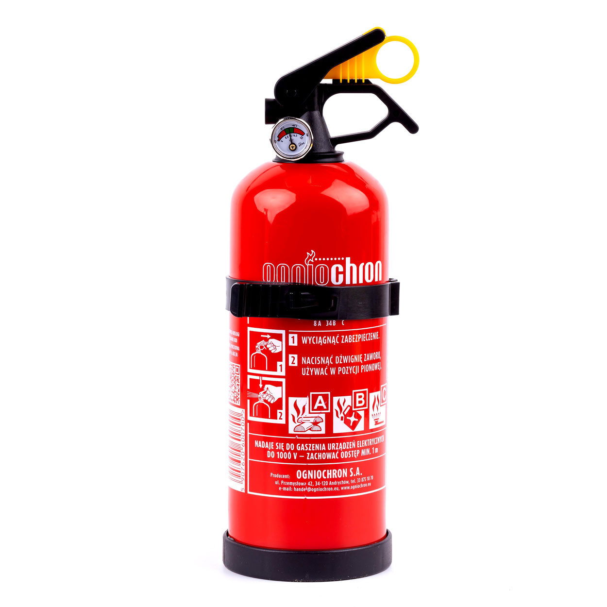 Gaśnica proszkowa ABC z manometrem i wieszakiem, 1 kg